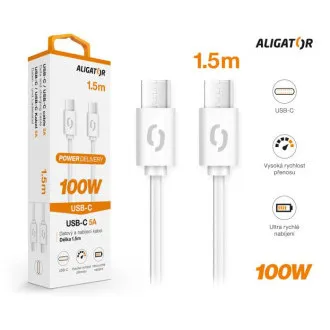 Cablu de date ALIGATOR POWER 100W, USB-C/USB-C 5A, 1,5m alb