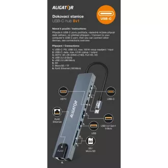 Aligator Stație de andocare USB-C / Hub 8 în 1 (USB-C / 2xUSB / SD / MicroSD / HDTV / RJ45) Aligator Stație de andocare USB-C / Hub 8 în 1 (USB-C / 2xUSB / SD / MicroSD / HDTV / RJ45)
