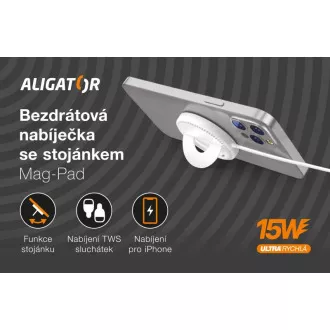 Încărcător fără fir ALIGATOR ALIGATOR Mag-Pad, conceput pentru MagSafe, 15W, alb