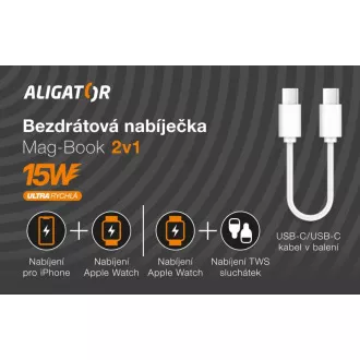 Încărcător fără fir ALIGATOR Mag-Book 2 în 1, conceput pentru încărcarea MagSafe și Apple Watch, 15W, alb