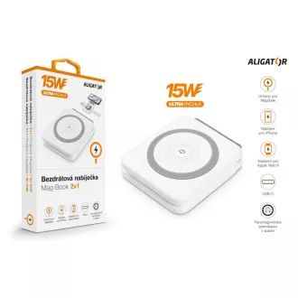 Încărcător fără fir ALIGATOR Mag-Book 2 în 1, conceput pentru încărcarea MagSafe și Apple Watch, 15W, alb