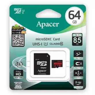 Card de memorie Apacer Secure Digital Card V10, 64 GB, micro SDXC, AP64GMCSX10U5-R, UHS-I U1 (Clasa 10), cu adaptor