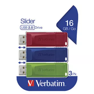 Unitate flash USB Verbatim, USB 2.0, 16GB, Slider, verde, albastru, roșu, 49326, USB A, cu conector retractabil, 3 buc