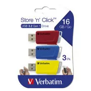 Unitate flash USB Verbatim, USB 3.0, 16GB, Store N Click, culori mixte, 49306, USB A, cu conector retractabil, 3 buc