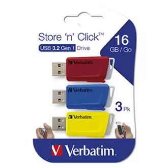 Unitate flash USB Verbatim, USB 3.0, 16GB, Store N Click, culori mixte, 49306, USB A, cu conector retractabil, 3 buc