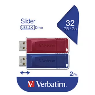 Unitate flash USB Verbatim, USB 2.0, 32 GB, Slider, roșu, albastru, 49327, USB A, cu conector retractabil, 2 buc.