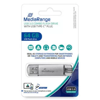 Unitate flash USB MediaRange, USB 3.0, 64 GB, argintiu, MR937, USB A / USB C, cu capac