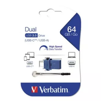 Unitate flash USB Verbatim OTG, USB 3.0, 64GB, Dual, albastru, 49967, USB A / USB C, cu curea