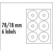 Etichetă CD logo 78/18mm, A4, mat, alb, 6 etichete, 140g/m2, ambalat 10 buc, pentru imprimante cu jet de cerneală și laser