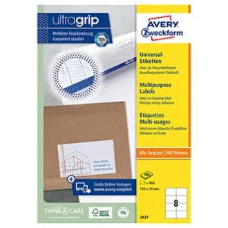 Etichete Avery Zweckform 105mm x 74mm, A4, albe, 8 etichete, ambalate în 100 de bucăți, 3427, pentru imprimante laser și cu jet de cerneală, copiatoare Etichete Avery Zweckform 105mm x 74mm, A4, albe, 8 etichete, ambalate în 100 de bucăți, 3427, pentru imprimante laser și cu jet de cerneală, copiatoare