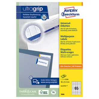 Etichete Avery Zweckform 38 x 21,2 mm, A4, albe, 65 etichete, ambalaj 100 buc., 3666, pentru imprimante laser și cu jet de cerneală, copiatoare