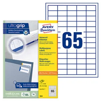Etichete Avery Zweckform 38 x 21,2 mm, A4, albe, 65 etichete, ambalaj 100 buc., 3666, pentru imprimante laser și cu jet de cerneală, copiatoare