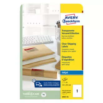 Etichete Avery Zweckform 210mm x 297mm, A4, transparente, transparente, 1 etichetă, pentru pachete, ambalat 25 buc, J8567-25, pentru cerneală Etichete Avery Zweckform 210mm x 297mm, A4, transparente, transparente, 1 etichetă, pentru pachete, ambalat 25 buc, J8567-25, pentru cerneală