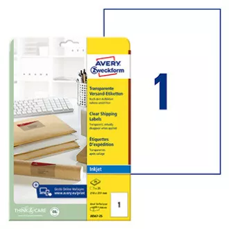 Etichete Avery Zweckform 210mm x 297mm, A4, transparente, transparente, 1 etichetă, pentru pachete, ambalat 25 buc, J8567-25, pentru cerneală Etichete Avery Zweckform 210mm x 297mm, A4, transparente, transparente, 1 etichetă, pentru pachete, ambalat 25 buc, J8567-25, pentru cerneală