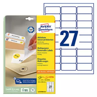 Etichete Avery Zweckform 63,5 mm x 29,6 mm, A4, alb, 27 etichete, detașabile, pachet de 25, L4737REV-25, pentru laser și cerneală