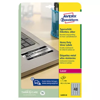 Etichete Avery Zweckform 45,7 mm x 21,2 mm, A4, argintiu, 48 etichete, foarte rezistente, pachet de 20, L6009-20, pentru imprimanta laser Etichete Avery Zweckform 45,7 mm x 21,2 mm, A4, argintiu, 48 etichete, foarte rezistente, pachet de 20, L6009-20, pentru imprimanta laser