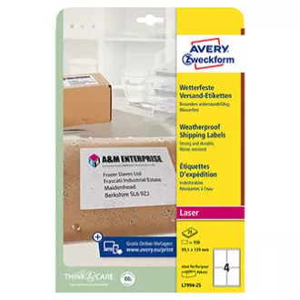 Etichete Avery Zweckform 99,1 mm x 139 mm, A4, albe, 1 etichetă, rezistente la apă, pachet de 25, L7994-25, pentru imprimante laser