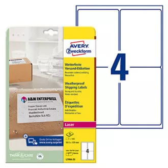 Etichete Avery Zweckform 99,1 mm x 139 mm, A4, albe, 1 etichetă, rezistente la apă, pachet de 25, L7994-25, pentru imprimante laser