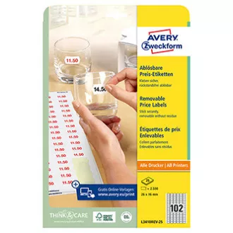 Etichete de preț Avery Zweckform 26 mm x 16 mm, A4, alb, 102 etichete, detașabile, pachet de 25, L3410REV-25, pentru laser și jet de cerneală