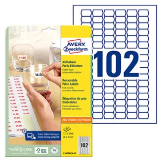 Etichete de preț Avery Zweckform 26 mm x 16 mm, A4, alb, 102 etichete, detașabile, pachet de 25, L3410REV-25, pentru laser și jet de cerneală
