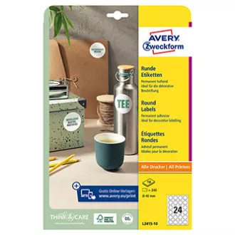 Etichete Avery Zweckform 40mm, A4, alb, 24 etichete, pachet de 10, L3415-10, pentru imprimante laser și inkjet, copiatoare Etichete Avery Zweckform 40mm, A4, alb, 24 etichete, pachet de 10, L3415-10, pentru imprimante laser și inkjet, copiatoare