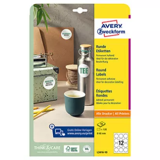 Etichete Avery Zweckform 60mm, A4, alb, 12 etichete, pachet de 10, L3416-10, pentru imprimante laser și inkjet, copiatoare