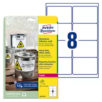 Etichete Avery Zweckform 99,1 mm x 67,7 mm, A4, mate, albe, 8 etichete, foarte rezistente, pachet de 20, L4715-20, pentru imprimante laser