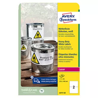Etichete Avery Zweckform 210mm x 148mm, A4, mate, albe, 2 etichete, foarte rezistente, pachet de 20, L4717-20, pentru imprimante laser Etichete Avery Zweckform 210mm x 148mm, A4, mate, albe, 2 etichete, foarte rezistente, pachet de 20, L4717-20, pentru imprimante laser