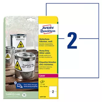 Etichete Avery Zweckform 210mm x 148mm, A4, mate, albe, 2 etichete, foarte rezistente, pachet de 20, L4717-20, pentru imprimante laser Etichete Avery Zweckform 210mm x 148mm, A4, mate, albe, 2 etichete, foarte rezistente, pachet de 20, L4717-20, pentru imprimante laser