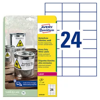 Etichete Avery Zweckform 70mm x 37mm, A4, mate, albe, 24 etichete, foarte rezistente, pachet de 20, L4718-20, pentru imprimante laser Etichete Avery Zweckform 70mm x 37mm, A4, mate, albe, 24 etichete, foarte rezistente, pachet de 20, L4718-20, pentru imprimante laser