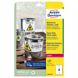 Etichete Avery Zweckform 99.1mm x 139mm, A4, mate, albe, 4 etichete, foarte rezistente, pachet de 20, L4774-20, pentru imprimanta laser Etichete Avery Zweckform 99.1mm x 139mm, A4, mate, albe, 4 etichete, foarte rezistente, pachet de 20, L4774-20, pentru imprimanta laser