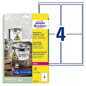 Etichete Avery Zweckform 99.1mm x 139mm, A4, mate, albe, 4 etichete, foarte rezistente, pachet de 20, L4774-20, pentru imprimanta laser Etichete Avery Zweckform 99.1mm x 139mm, A4, mate, albe, 4 etichete, foarte rezistente, pachet de 20, L4774-20, pentru imprimanta laser