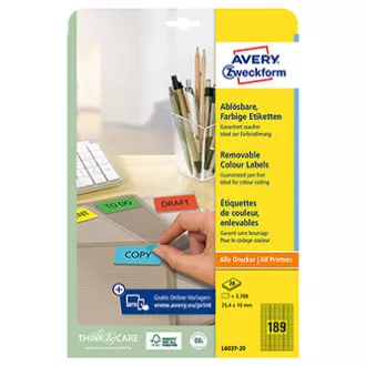 Etichete Avery Zweckform 25,4 mm x 10 mm, A4, galben, 189 etichete, mini, detașabile, ambalate în 20 de bucăți, L6037-20, pentru laser și inkjet