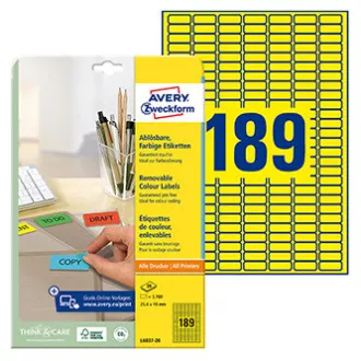 Etichete Avery Zweckform 25,4 mm x 10 mm, A4, galben, 189 etichete, mini, detașabile, ambalate în 20 de bucăți, L6037-20, pentru laser și inkjet