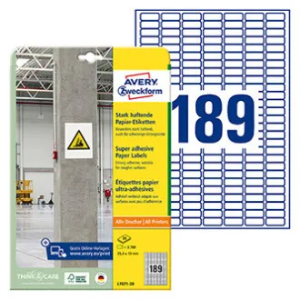 Etichete Avery Zweckform 25,4 mm x 10 mm, A4, albe, 189 etichete, cu aderență ridicată, pachet de 20, L7871-20, pentru laser și ATR Etichete Avery Zweckform 25,4 mm x 10 mm, A4, albe, 189 etichete, cu aderență ridicată, pachet de 20, L7871-20, pentru laser și ATR