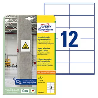 Etichete Avery Zweckform 105 mm x 48 mm, A4, alb, 12 etichete, aderență ridicată, pachet de 20, L7875-20, pentru laser și jet de cerneală Etichete Avery Zweckform 105 mm x 48 mm, A4, alb, 12 etichete, aderență ridicată, pachet de 20, L7875-20, pentru laser și jet de cerneală