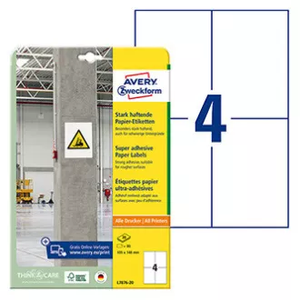Etichete Avery Zweckform 105 mm x 148 mm, A4, alb, 4 etichete, aderență ridicată, pachet de 20, L7876-20, pentru laser și jet de cerneală Etichete Avery Zweckform 105 mm x 148 mm, A4, alb, 4 etichete, aderență ridicată, pachet de 20, L7876-20, pentru laser și jet de cerneală