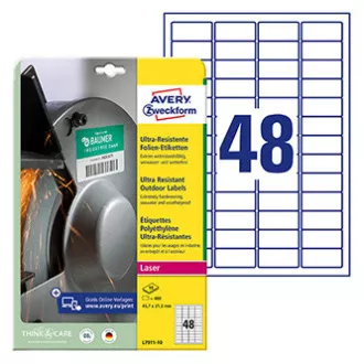 Etichete Avery Zweckform 45,7 mm x 21,2 mm, A4, albe, 48 de etichete, foarte rezistente, pachet de 10, L7911-10, pentru imprimante laser și