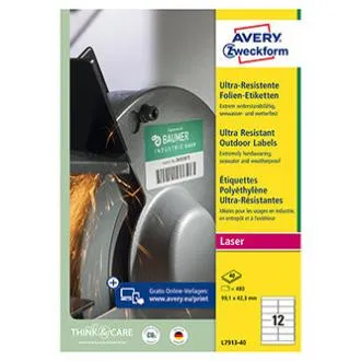 Etichete Avery Zweckform 99,1 mm x 42,3 mm, A4, albe, 12 etichete, foarte durabile, pachet de 40, L7913-40, pentru imprimante laser și Etichete Avery Zweckform 99,1 mm x 42,3 mm, A4, albe, 12 etichete, foarte durabile, pachet de 40, L7913-40, pentru imprimante laser și
