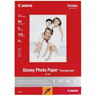 Hârtie foto lucioasă Canon, GP-501, hârtie foto, lucioasă, tip GP-501 0775B076, albă, 21x29,7 cm, A4, 200 g/m2, 5 buc, jet de cerneală