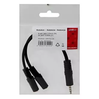 Reducere audio, mufă (3,5 mm) tată 4 poli - 2x mufe (3,5 mm) mamă, 0,2 m, stereo, negru, logo