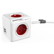 Cablu de alimentare prelungitor 230V, CEE7 (priza) - POWERCUBE, 1,5m, USB EXTENS, rosu, POWERCUBE, 4 prize, 2xport USB, port copii