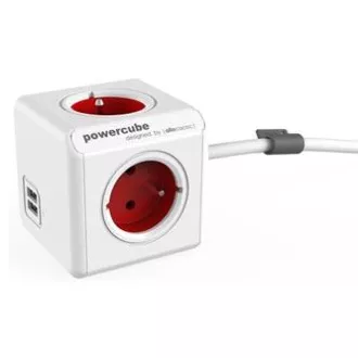 Cablu de alimentare prelungitor 230V, CEE7 (priza) - POWERCUBE, 1,5m, USB EXTENS, rosu, POWERCUBE, 4 prize, 2xport USB, port copii
