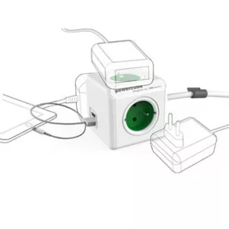 Cablu de alimentare prelungire 230V, CEE7 (priza) - POWERCUBE, 3m, USB EXTENS, gri, POWERCUBE, 4 prize, incuietori pentru copii