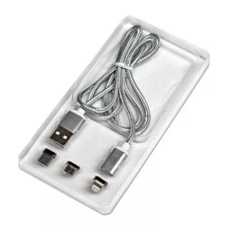 Cablu USB cu terminale (2.0), USB A tată - microUSB tată + Apple Lightning tată + USB C sam, 1m, rotund, împletit, argintiu,