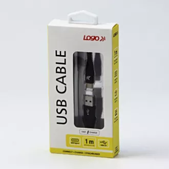 Cablu USB cu logo (2.0), USB A mascul - USB C mascul, 1m, 480 Mb/s, 5V/3A, negru, cutie, împletitură de nailon, capac conector din aluminiu