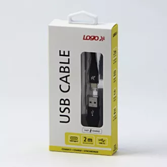 Cablu USB cu logo (2.0), USB A tată - USB C tată, 2m, 480 Mb/s, 5V/3A, negru, cutie, împletitură de nailon, capac conector din aluminiu