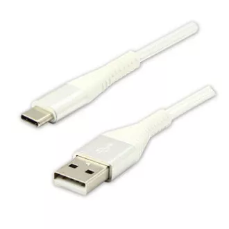 Cablu USB cu logo (2.0), USB A tată - USB C tată, 2m, 480 Mb/s, 5V/3A, alb, cutie, împletitură de nailon, capac conector din aluminiu