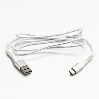 Cablu USB cu logo (2.0), USB A tată - USB C tată, 2m, 480 Mb/s, 5V/3A, alb, cutie, împletitură de nailon, capac conector din aluminiu