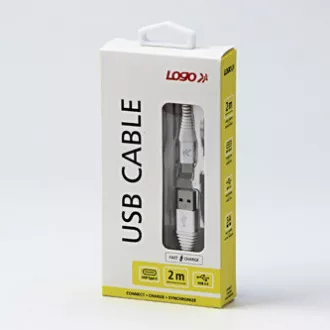 Cablu USB cu logo (2.0), USB A tată - USB C tată, 2m, 480 Mb/s, 5V/3A, alb, cutie, împletitură de nailon, capac conector din aluminiu